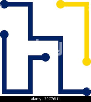 Modern letter H logo inspired by circuit connections and digital networks. Features node elements representing data flow, technology, and innovation. Stock Vector