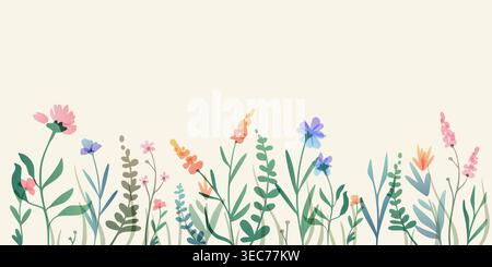 Watercolor wildflower border with spring pattern and delicate floral frame. Pink poppies, blue petals, and garden flowers on white background, romantic botanical illustration for cards. Stock Vector