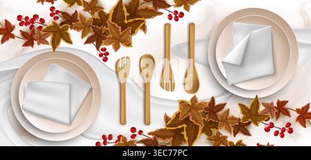 Autumn holiday table top view with plates and cutlery on white tablecloth. Vector realistic illustration of festive dinner settings for family celebration, home or restaurant Thanksgiving Day meal Stock Vector