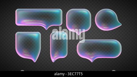 Transparent glass speech bubbles with holographic neon glow, realistic vector isolated on transparent. 3D glossy message, dialogue or chat icon with pink blue gradient and chrome texture Stock Vector