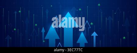 Blue neon arrows growing up, financial success abstract vector background. Modern upward graphic, market rise, stock progress metrics, and business success strategy with futuristic design elements. Stock Vector