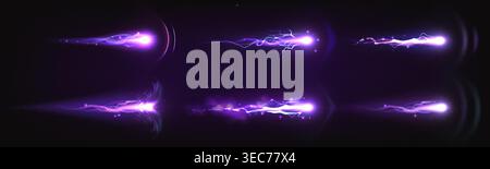 Realistic laser gun effects with neon energy beams and plasma blasts, vector illustrations isolated on transparent. Vector game design elements, power light trails, lightning sparks and power shots Stock Vector
