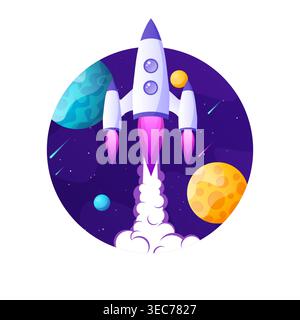 Rocket launch, space futuristic colorful background with planets and stars. Cartoon starship, spaceship in night sky. Solar system, galaxy and Stock Vector