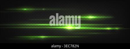 Bright green laser beam streaks isolated on dark background. Glowing neon light effect, dynamic horizontal trail and abstract digital energy flare. Speed streak of energy, overlay set Stock Vector