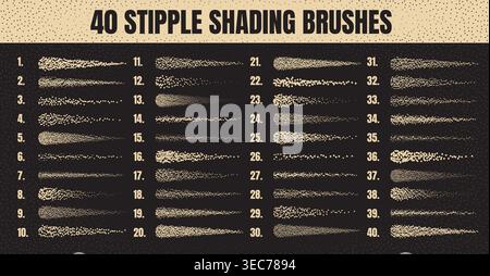 Ink scatter brush, stipple drawing and texturing. Fading gradient. Stippling, dotwork drawing, shading using dots. Halftone disintegration effect Stock Vector