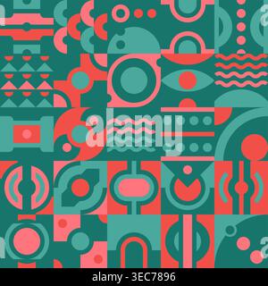 Seamless geometric pattern in 1920-1930 retro style - bauhaus or rondocubism. Colorful symmetrical shapes collection, green and red colors Stock Vector