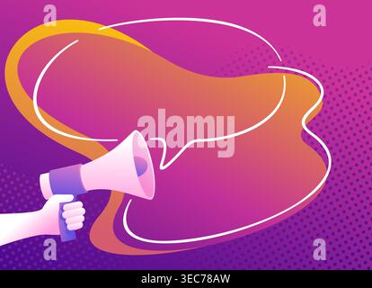 Necessary announcement pop-up window template for website - hand with loudspeaker, pop-art style, purple tone Stock Vector