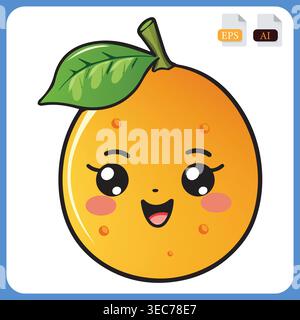 Cute Orange Fruit Cartoon Character Illustration with Kawaii Face for Kids Stock Vector