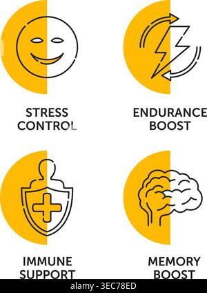 Icons set for Nutrient Supplement - Stress Control, Endurance Boost, Immune Support, Memory boost. In thin line and semicircular shapes Stock Vector