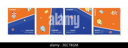 Top view beach social media post collection set with stylized illustration featuring beach vacation elements like buoy, umbrella, ball, and towel. Stock Vector