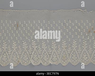 Lace fragment - shuttlecock;, purchase, Lace shuttlecocks used as clothing accessories and fashion. Lower edge: semicircular serrations bordered with fine serrations with geometric ornament. From the semicircular serrations upwards: floral ornament repeating with a twig motif in triangular divisions. Above this: a small twig in a regular projection. Mid-19th century, France. Material: lace. Width 42 cm, length 430 cm., A length of delicate lace fabric laid flat showing a sheer gray background with an overall pattern of small floral motifs embroidered in off-white or cream, a scalloped Stock Photo