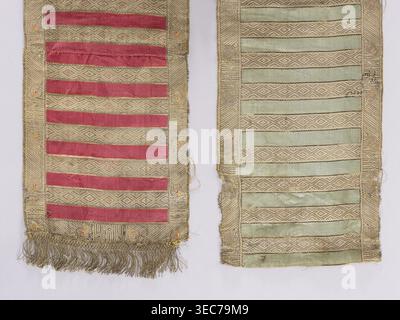 Fragment of a kontusz belt; Polish; 18th century; Gdańsk place of origin. Double-sided, semi-solid men's clothing accessory kontusz belt for national costume; length 150 cm, width 26.5 cm. Geometric-floral ornament: transverse plain stripes and alternating geometric ornaments rhombuses with rosettes; border ornamented with diagonal stripes with a pattern of leaves and small rhombuses. Colors: blue, gold, and red., The image shows two long narrow textile panels side by side on a pale background; the left panel has a patterned beige base with horizontal strips of deep red fabric and a fringe of Stock Photo