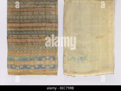 Kontusz belt, purchase provenance. Polish clothing; kontusz belt; men's fashion accessory. Tripartite heads with a rosette motif with carnation flowers around it; transverse stripes with a floral tendril motif in various colors separated by small stripes with a checkerboard motif; partial edging. Colors: blue, pink, beige, brown, ochre. 18th century, Russia place of origin. Length 250 cm; width 46 cm., The image shows two adjacent rectangular fabric panels laid flat on a pale background. The left panel features horizontal bands of patterned weave in muted shades of blue, pink, gold, beige, Stock Photo