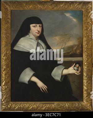 Portrait of a Widow with a Miniature in Hand Maria Felice Orsini 1600–1666?, attributed to Henri Beaubrun 1603–1677 circle and Charles Beaubrun 1604–1692 circle. After 1632. Oil painting, 102 cm × 80.3 cm. French portrait of a woman against a landscape background; widow; holding a miniature., A portrait of a person wearing a black habit and a white collar and cuffs seated against a muted landscape background with a cloudy sky and distant trees and buildings; the person has a pale face with dark hair partially covered by the habit and a neutral expression; one hand rests on their lap while the Stock Photo