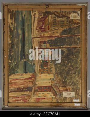 Tea roses in a green vase, Jan Bohuszewicz 1878–1935, painter; contemporary painting, flowers, still life, interwar period; 1933; Italy ; oil painting; 64 cm x 51 cm., The image shows the back of a framed painting with a wooden stretcher and exposed canvas painted in loose brushstrokes. Visible colors include brown, tan, beige, dark green, teal, muted red, maroon, and hints of black and yellow. The painted reverse displays abstract, vertical and horizontal strokes forming blocks and textured areas, with a tall vertical dark greenish-blue section on one side and denser darker patches on the Stock Photo