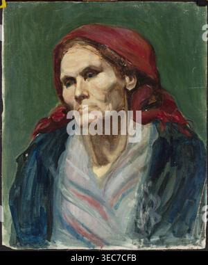 Study of an Old Woman, unknown painter, Stanisław Krajewski 18..–1916. Portrait en three-quarters of a woman. Painting, before 1927. Height 54.5 cm; width 45.5 cm. Poland., A painted portrait of an older person with a stern expression wearing a red headscarf and a dark outer garment, shown against a flat green background; the face is rendered in pale flesh tones with shadows in brown and gray, the headscarf is red with darker red and maroon folds, the clothing includes deep blues and navy with lighter blue and gray highlights, and a light shawl with soft stripes in pale blue and muted red Stock Photo