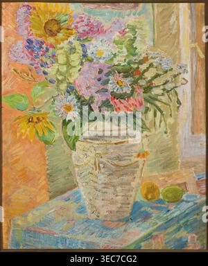 Flowers in a Vase, Waliszewski, Zygmunt 1897-1936 painter, contemporary painting, interwar period, flowers in vases, On a table covered with a blue tablecloth, a bulging vase of flowers, on the right behind the vase two lemons., 1930s, Poland, painting, height 77 cm, width 64 cm, A painted still life shows a large textured vase holding a loose, abundant bouquet with a few sunflowers, several daisy-like blossoms, and a variety of other blooms rendered in thick, visible brushstrokes; colors visible include yellow, green, pink, purple, blue, white, orange, red, beige, and brown. The vase sits on Stock Photo