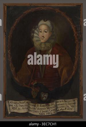 Portrait of Katarzyna Hlebowicz, née Radziwiłł 1613–1672, unknown Polish painter. Oval portrait with a laurel wreath inscribed within the painting's rectangle. Within the oval: half-length, turned three-quarters to the left, a slender grey-haired lady in costume of the early 17th century: a white ruff raised from behind under the chin, a red dress with a wide bodice, front slit with white lapels, sleeves decorated with triangular teeth on the shoulders, a yellow and red underskirt with wide floral-patterned sleeves fastened with a row of small buttons. In the hair: an oval jewel on the crown Stock Photo