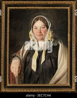 Portrait of Aleksandra Bębnowska, née Cybulska, the painter's mother-in-law; Jan Chrucki 1810–1885, painter; ca. 1845; painting; female portrait, half-length, seated, full-face; Biedermeier style; scarves, bonnets, wedding rings; iconography: Aleksandra Bębnowska fl. ca. 1845., A framed painted portrait of a woman shown from the waist up against a dark background, wearing a white lace cap with yellow ribbons and a dark dress with gathered bodice details, a light-colored shawl draped over her shoulders, and a patterned sleeve visible on one arm; her hand rests on a cushioned armrest and she Stock Photo