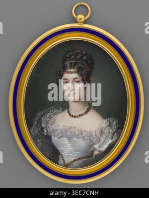 Portrait of Anna Czartoryska, née Sapieha, Princess Adamowa Czartoryska 1799–1864, artist, miniature, 1825, France. Bust slightly to the left; brown hair in spiral curls on both sides of the forehead with a crown braid. On the forehead a ferronnière of precious stones: rubies, emeralds, amethysts and pearls; the same necklace around the neck and waist. Wearing a dove-gray satin ball gown with a diamond neckline trimmed with a lace ruffle and an ash-gray stole on the shoulders. Background dark green, lightened on the right around the head. Frame gilt bronze with a strip of sapphire enamel. Stock Photo