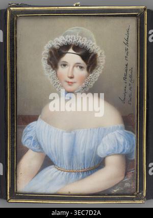 Portrait of Seweryna née Potocka 1795–1871. Monogramista AC author. Krzeszowice Lesser Poland Voivodeship. Oil on miniature, 1830, Vienna. Half-figure, seated, three-quarters to the left, face en face. Dark hair; white transparent tulle bonnet topped with a richly crimped double ruffle, tied under the chin with a blue ribbon; black velvet ferroniere on the forehead. Blue dress with a neckline revealing the shoulders, gold cord at the waist. Background: brown sofa backrest, gray ground. Embossed leather case with gold palmette ornament and gilded edges. Inscription at right in black ink: Stock Photo