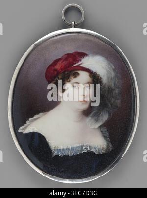 Konstancja Potocka née Konstancja Raczyńska 1783–1852, 3/4 bust right; brown hair in short spiral curls; wearing a cherry velvet beret with two grey-white ostrich feathers, sapphire dress, deeply low neckline revealing the shoulders trimmed with a ruffle. Miniature on bone plate underdrawing on reverse, 1807, Poland. Height 8.4 cm, width 6.8 cm. Subjects/tags: aristocracy, women, Polish miniatures, portraits en trois-quarts., An oval pendant with a silver frame showing a painted portrait of a person with pale skin and curly brown hair wearing a red cap adorned with a large white feather, a Stock Photo