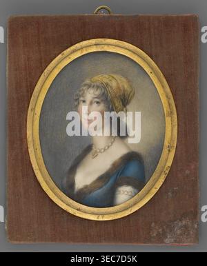 Portrait of a Woman in a Golden Bonnet, unknown artist, jewellery, aristocracy, women, costumes, headgear, three-quarter portrait, Polish miniature, dress, women's portrait. Bust 3/4 left. Gold bonnet, light ash-grey hair, gold ring earring in the ear; a necklace with a heart-shaped medallion and a bracelet on the left wrist made of gold hoops. The dress is dark blue, with brown fur at the neckline and on the sleeve. The background is gray, with highlights on the right near the head and left shoulder. Binding: an oval medallion frame made of gilded bronze in a rectangular frame covered with Stock Photo