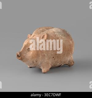 Pig-shaped rattle. A small ceramic figurine in the shape of a pig, likely a toy rattle. The animal stands on small legs; the oval muzzle is schematic and the eyes are asymmetrical, with a hole at the nose. Ears are triangular and placed at different heights, matching the limbs in shape and size. The pig has a clearly defined tuft of hair. On the right front leg there is a preserved white pelmet no. 403. 6th–3rd century BC earlier dating: 6th–5th century BC. Possibly Greece or Cyprus. Toy, ceramics. Height 5.4 cm, width 4.5 cm, depth 7.5 cm, weight 0.05 kg., A small rounded sculpture resembling Stock Photo