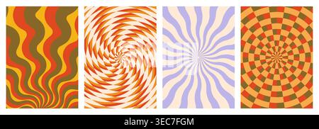 Groovy swirl pattern, abstract vector background. Funky spiral banner set with psychedelic texture, retro cards with radial distorted lines, wavy strips, trippy twisted graphic design in vintage color Stock Vector