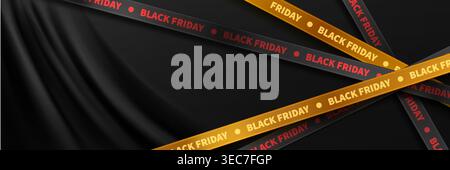 Sale banner with flowing black silk background, red Black Friday tape and golden ribbon, realistic vector illustration. Luxury 3D wavy fabric backdrop for November discount offers Stock Vector