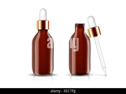 Realistic cosmetic serum bottles mockup with glass transparen dropper, vector set isolated on white background. Browntopen and close containers with golden caps, skincare product packaging Stock Vector
