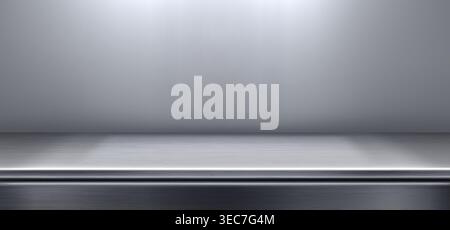 Steel kitchen counter with shiny metal surface. Modern 3D realistic vector background for product display. Empty glossy countertop in grey tones with steel texture and clean design. Stock Vector
