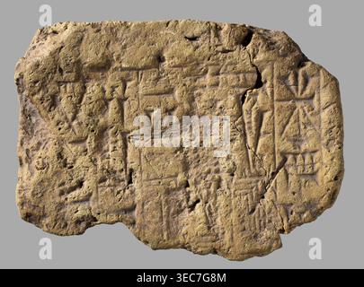 Fragment of a brick with a cuneiform inscription, Nebuchadnezzar II 604–562 BC, Esagila Babylon, bricks with a cuneiform inscription, Ezida Babylon, architectural element, cuneiform writing, Near Eastern architecture. Fragment of a brick with 6 lines, impressed with a stamp, of an inscription of the Neo-Babylonian king Nebuchadnezzar II written in archaized cuneiform character graphics. 604–562 BC reign of Nebuchadnezzar II, Neo-Babylonian period. Findspot: Babylon; possibly Borsippa. Material: brick. Weight 344 g; width 11.8 cm; height 8.6 cm; thickness 3.2 cm., A roughly rectangular, Stock Photo