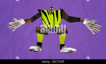Goalkeeper in neon uniform with gloves on purple textured paper collage background Stock Photo