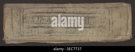 Buddhist text - Formula of repentance Tib. sdig bshags gser gyi spu gri bzhugs so, unknown author, Tibetan Buddhist art, graphic prints. Book in the Tibetan pecha style, xylographic print in the disciple script dbu can, 16 folios, folio numbering 2-15 recto, first verso. Print on thin handmade paper, clear translucency. 19th century, Tibet. Graphic; width 25.5 cm, height 7.8 cm., A rectangular, folded paper object with a worn, textured surface rests against a dark background; the paper is primarily beige with areas of darker tan and light brown discoloration and creasing. There are visible Stock Photo
