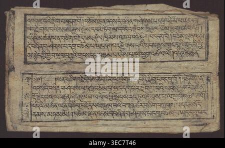 Buddhist text - Formula of repentance Tib. sdig bshags gser gyi spu gri bzhugs so, unknown author, Buddhist art, Tibetan, graphic prints, Book in the Tibetan pecha style, xylographic print in the disciple script dbu can, 16 folios, folio numbering 2-15 recto, first verso. Print on thin handmade paper, clear translucency. 19th century, Tibet. Graphic. Width 25.5 cm, height 7.8 cm., A worn rectangular sheet with a textured, fibrous surface shows two framed horizontal panels filled with hand-drawn dark markings; the sheet edges are irregular and slightly torn, with creases and small stains. The Stock Photo