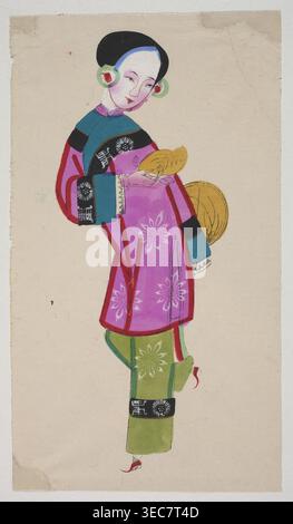 Dancing Beauty with Fruit and a Fan, unknown author, Chinese, early 20th century, nianhua New Year's picture, graphic print, height 44.5 cm, width 24.0 cm; subject: dancing figure with fruit and a fan; Mianzhu; theme: dances, fans, fruit., A standing figure wearing a colorful traditional outfit fills most of the image, with a pale beige background. The person has a smooth black hairstyle and a light skin tone with subtle pink shading on the cheeks. They wear circular green and red ear ornaments and hold a yellow handheld object and a round yellow item near their side. The upper garment is Stock Photo
