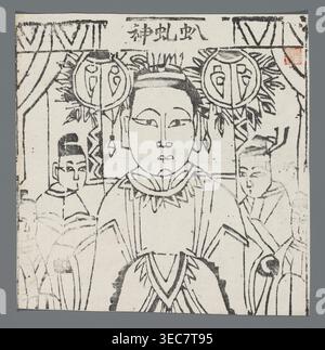 Goddess protecting against locusts; nianhua New Year’s picture, early 20th century; Chinese; graphic print; height 20.0 cm, width 18.5 cm; Yanzhou;, The image shows a black-and-white line drawing of a central seated figure with a rounded face and stylized facial features, wearing layered garments with decorative triangular patterns and a collar with pointed elements; behind and beside the central figure are two smaller figures with similar stylized faces and headwear, positioned left and right; ornamental circular lantern-like objects with radiating leaf shapes hang behind the central figure; Stock Photo