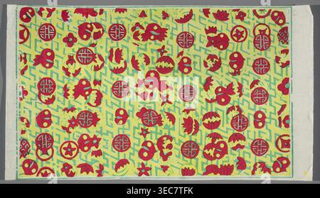 Decorative paper with auspicious motifs, Chinese, graphic print, 20th century, China, graphic, height 38.0 cm, width 23.5 cm, A rectangular sheet with a patterned central area bordered by a narrow margin, featuring a bright yellow background overlaid with a turquoise-green maze-like geometric pattern and scattered red decorative motifs; the red motifs include circular medallions, stylized floral and petal shapes, and rounded abstract forms, with occasional small green accents where the background shows through; the outer edge shows off-white paper margins with slight creases and a torn corner, Stock Photo