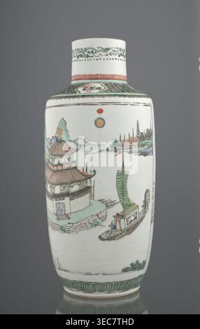 Vase, Chinese, Qing dynasty 1644–1911, colored porcelain, landscape and architectural motifs; Bangping vase from the green family, cylindrical with a shortened neck on a wide, flat ring foot; decorated with the text by Wang Bo entitled Prologue to the poem on the pavilion of Prince Teng and a landscape composition depicting the pavilion and its surroundings; 19th century; vessel; height 40.4 cm, diameter 17.8 cm, weight 2.7 kg., A tall cylindrical porcelain vase with a narrow neck and slightly rounded shoulders stands against a neutral gray background, predominantly white with painted scenes Stock Photo