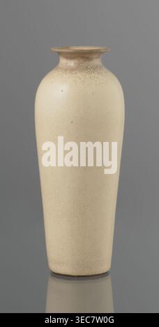 Cylindrical porcelain vase, tapering towards the bottom; flat rim. Light cream glaze with fine cracklework. Wooden, round, flat saucer on three legs. 19th century, Japan. Vessel. Height 21.1 cm; diameter 8.4 cm; weight 0.6 kg. Japanese art; Japanese culture; Edo 1603–1868; ceramics; saucers; vases; cracklework decoration., A tall ceramic vase with a narrow base that tapers upward into a rounded shoulder and a flared rim, shown against a neutral gray background and reflected faintly on a glossy surface; the vase is primarily creamy off-white with a network of fine crackle texture and subtle Stock Photo