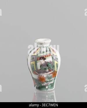 Flask - Snuffbox, Chinese, 18th century. A baluster-shaped colored porcelain flask/snuffbox, significantly widened at the shoulders, with a fragmentary landscape and architectural scene and images of women in the decoration. Thick white porcelain body white cake. Height 6.9 cm, width 4.6 cm., A small ceramic vase with a rounded body and narrow neck sits against a plain light gray background, the vase decorated with a painted scene showing a seated figure wearing a dark hat and green clothing inside an architectural frame, surrounded by stylized plants and foliage in shades of green and orange, Stock Photo