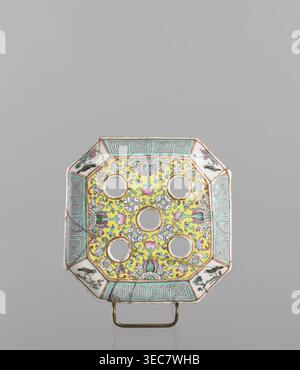 Vase with a lid, ceramics, colored porcelain, openwork perforated lid, decorated with flowers, birds, meander ornament, plant ornaments and lotus tendril motif. Flat, perforated lid. 19th century, China. Vessel. Height 27.0 cm; width 15.0 cm., An octagonal ceramic object with a central panel decorated in bright yellow and detailed with floral and scrolling motifs in pink, green, blue, and white, containing a grid of circular cutouts; the wide border features a repeating geometric pattern in turquoise and white with thin reddish outlines and small triangular corner panels painted with floral Stock Photo