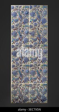 Panel of 10 tiles with plant decoration, Islamic art, Persian, Qajar dynasty 1785–1925, ceramics, plant ornaments, floral motifs tulips, carnations, 18th–19th century, Iran, height 172.0 cm, width 64.0 cm, A vertical rectangular panel composed of a grid of decorative square tiles, each tile featuring a repeating floral pattern with stylized blooms, buds, leaves, and curving stems. The dominant colors are deep blue and cobalt in the large flower shapes, complemented by lighter blues and turquoise in smaller blossoms and striped petal elements, with accents of pale green and yellow-green on some Stock Photo