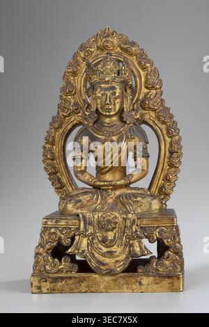 Amitayus, Tibetan Buddhist Sino-Tibetan style, Qing dynasty 1644–1911. Buddha of Infinite Life Amitayus seated in meditative pose with hands folded in a meditative gesture. Hair styled in a chignon with a high bun tied on top, hair colored blue; adorned with a five-leaf crown inlaid with semi-precious stones set on a headband mounted on the underside. Back painted orange. Missing: hair flowing to the shoulders, shoulder sash, stones, and earrings probably large, flower-shaped, falling on the shoulders. Bottom closed with a wooden plaque secured with metal pins and mortar; plaque bears a Stock Photo