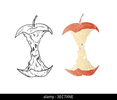 Vector apple core. Graphic organic waste hand drawn illustration isolated on background. Zero waste, sustainable living concept, representing healthy Stock Vector