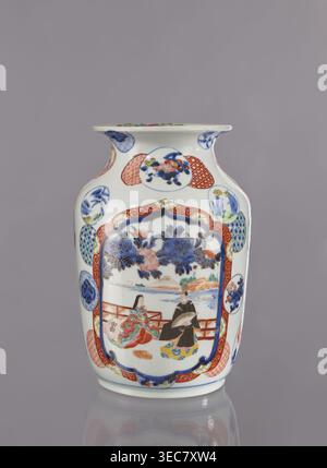 Vase, Tashiro, Japanese art, Japanese culture, figurative scenes, vases, decorative vessels, colored porcelain, ceramics, Meiji 1868–1912, peonies, camellias, genre scenes with landscape background, wisteria, fish, pine trees, asanoha pattern, plants, Edo 1603–1868, 2nd half of 19th century, Japan, Hizen, Arita; vessel; height 28.5 cm; diameter 19.0 cm, A porcelain vase with a white base color decorated with a variety of painted motifs in blue, red, green, yellow, pink, black, and gold; the vase has a flared rim and rounded shoulders narrowing toward the base, and features several oval Stock Photo