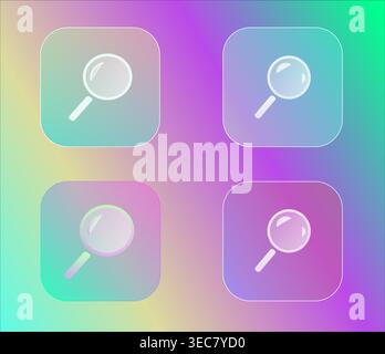 Set of transparent matte glass frames different shapes and transparency with magnifying glass shortcuts. Template on color gradient background. Stock Vector