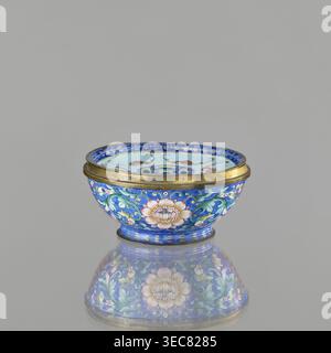 Incense burner - bowl with a lid;, Chinese; Qing dynasty 1644–1911; 18th/19th century. Painted enamel decoration on a navy blue background featuring bats, flower tendrils peony, coins, and the character shuangxi double happiness, usually used in marriage contexts. Ceremonial vessel/censer for incense. Height 6.4 cm; diameter 9.7 cm; weight 0.17 kg., A small decorative bowl with a rounded shape and a metallic rim sits centered against a plain light gray background, its surface reflecting a mirrored image below; the bowl is predominantly cobalt blue with floral and foliate patterns in shades of Stock Photo