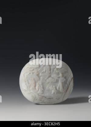 Convex plaque, Chinese, Taoism, Immortals iconography, Qing dynasty 1644–1911, white bluish jade, bas-relief, 19th century, China, plaque, height 12.0 cm, width 10.5 cm., A smooth, rounded pale stone with a carved relief scene sits against a dark gradient background; the stone shows shades of white, off-white, and light gray with subtle veins of tan and brown, and the carved details depict a group of figures, stylized trees with rounded canopies, and architectural or platform-like forms, all rendered in low-relief with soft contours and gentle shadows across the stone surface. Stock Photo